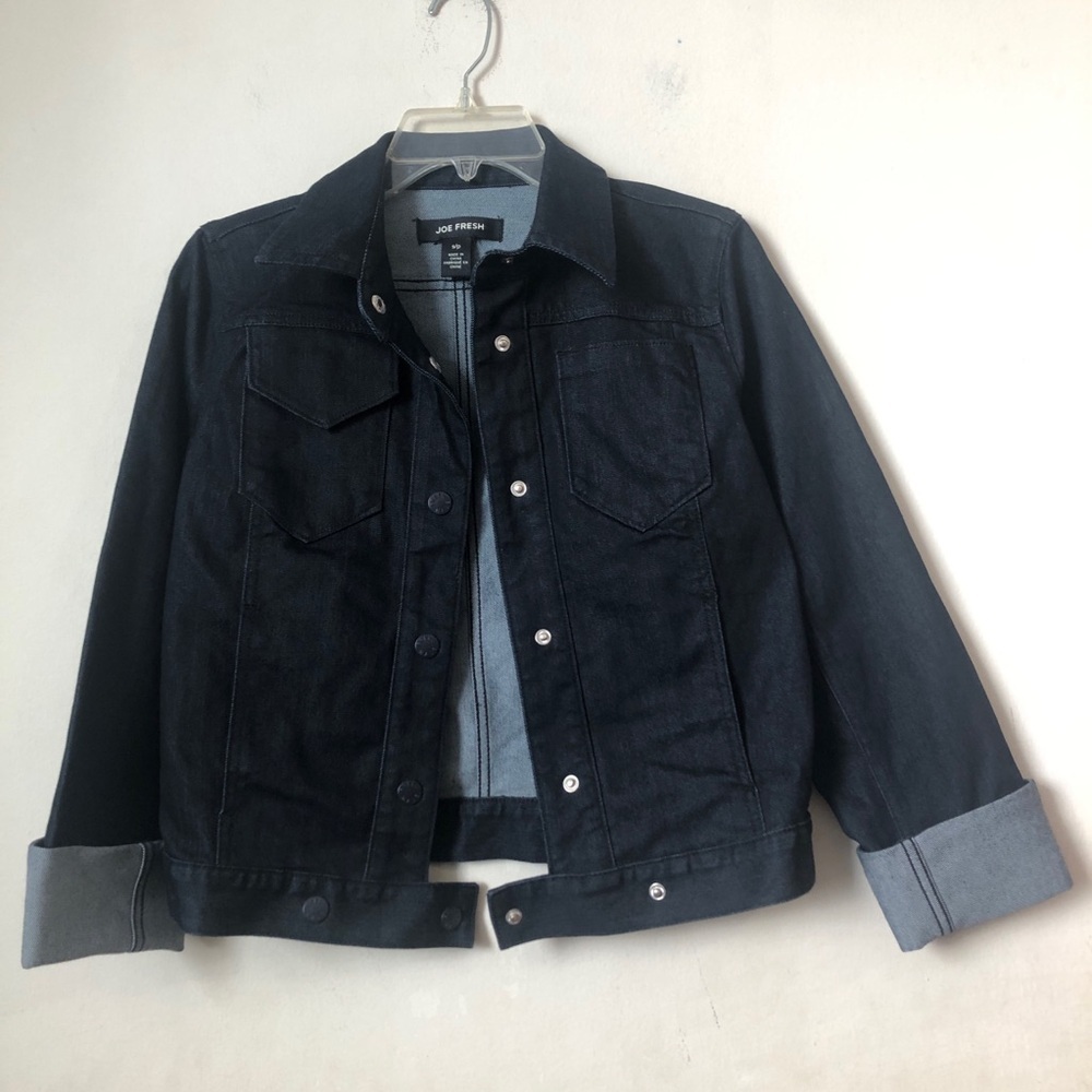 Joe Fresh Dark Blue Navy Bomber Style Denim Jean Jacket Snap Closures S